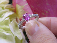 Bright Pink Real Sapphire Ring with Cushion Cut Sapphire in carved 14k white gold band for sale