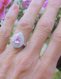 Real Pear Cut Light Pink Sapphire Ring with Double Diamond Halo in solid 14k white gold for sale