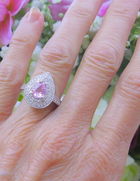 Pastel Pink Sapphire Ring in a Rare Pear Shape with a Double