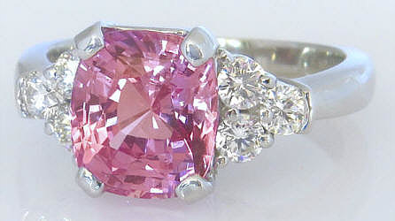 Expensive Rare Cushion Cut Natural Peachy Pink Pink Sapphire Ring in 14k whtie gold for sale
