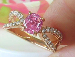 Bubble Gum Pink Sapphire Ring in Delightful 14k Rose Gold Setting Studded with Fine Diamonds