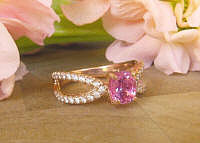 Natural pink sapphire ring in split shank fine diamond setting in 14k rose gold