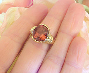 Large Natural Salmon Pink Tourmaline Ring Semi Bezel Set in real 14k yellow gold for sale