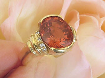 Large Natural Salmon Pink Tourmaline Yellow Gold Ring Semi Bezel Set for sale