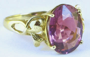Large Natural Pink Tourmaline Ring in 14k yellow gold leaf design setting