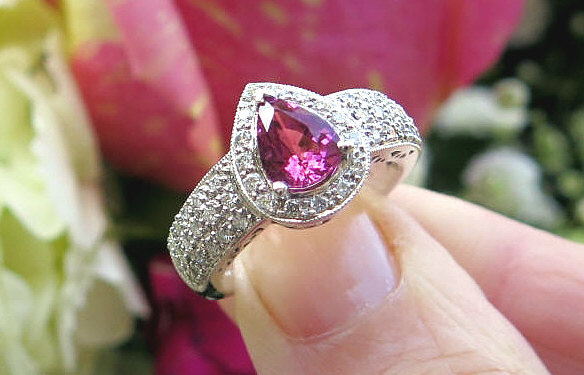 facet Bekræfte kul Pear Pink Tourmaline Ring with Pave Diamonds in 14k white gold (GR-9133)