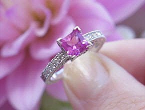 Princess Cut Natural Pink Tourmaline Engagement Ring with Real Diamonds in Vintage Style 14k white gold band for sale