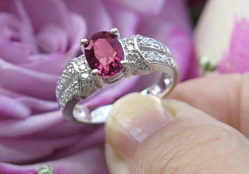 Oval Natural Pink Natural Oval Tourmaline and Diamond Ring in 14k white gold for sale