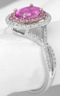 Pink Sapphire and Diamond Halo Ring in 14k