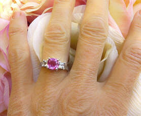 Natural Unheated Pink Sapphire and Princess Cut White Sapphire Wedding Ring in Platinum