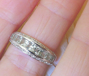 Channel Set Princess Cut Green Amethyst (Prasiolite) and Diamond Anniversary Band in 14k white gold for sale