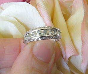 Princess Cut Green Amethyst (Prasiolite) and Diamond Anniversary Band in 14k white gold for sale