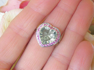 Large Heart Cut Green Amethyst and Natural Pink Sapphire Halo Fashion Ring in real 14k white gold for sale