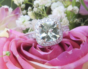 Expensive Cushion Cut Green Amethyst and Diamond Ring in 14k white gold