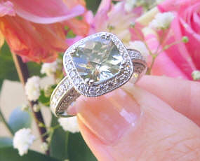Cushion Cut Prasiolite and Real Diamond Ring in 14k white gold