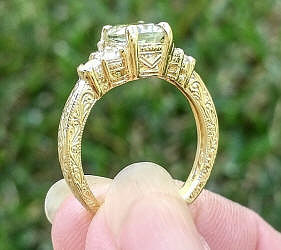 Vintage Designed Oval Prasiolite Ring in 14k yellow gold for sale