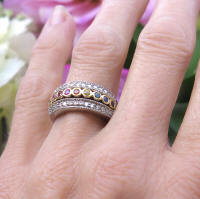 Natural Bezel Set Rainbow Sapphire and Diamond Ring in real 14k white and yellow gold for sale