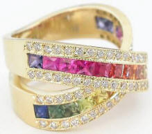 Bold Rainbow Sapphire and Diamond Rings in 14k yellow gold