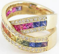 Stunning Rainbow Sapphire and Diamond X Rings in 14k yellow gold
