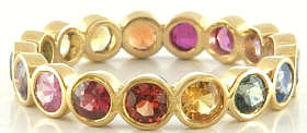 Bezel Set 3mm Round Rainbow Sapphire Eternity Ring in Yellow Gold