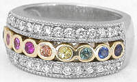 Bezel Set Rainbow Sapphire Diamond Band Rings in 14k gold