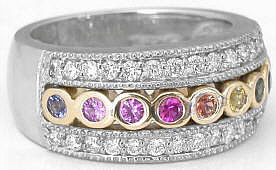 Bezel pave natural ceylon shades of red, orange, yellow, green, blue, purple, and pink sapphire band ring in 14k gold