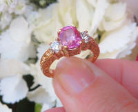 Natural Cushion Pink Sapphire Wedding Ring with real Round Diamonds in solid 18k rose gold