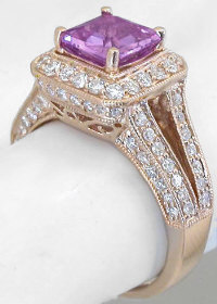 2.40 ctw Square Cut Magenta Sapphire and Diamond  Engagement Ring in 14k rose gold