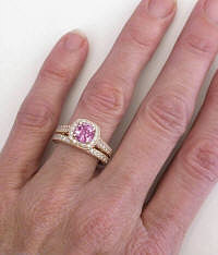 Pink Sapphire and Diamond Halo  Engagement Set in 14k rose gold