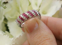 Real Baguette Ruby and Natural Diamond Band Ring in 18k white gold for sale