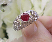 Vintage style Bezel Set Round Natural Burmese Ruby and Real Diamond Fashion Ring in 18k white gold