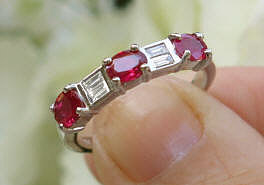 Stackable Oval Natural Ruby Anniversary Band Ring with Real Baguette Diamonds in 14k white gold