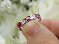 Oval Natural Ruby Wedding Band Ring with Real Baguette Diamonds in 14k white gold