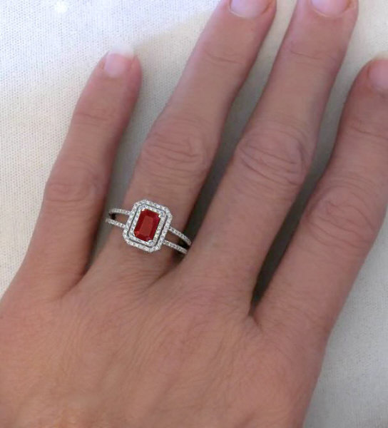 Ruby Ring - Emerald Cut with Double Diamond Halo Setting in 14k white