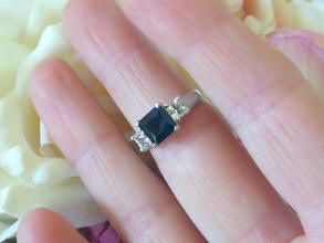 Princess Cut Natural Blue Sapphire and Genuine White Sapphire Engagement Ring in real 14k white gold
