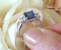 Princess Cut Natural Blue Sapphire and White Sapphire Three Stone Wedding Ring in real 14k white gold for sale