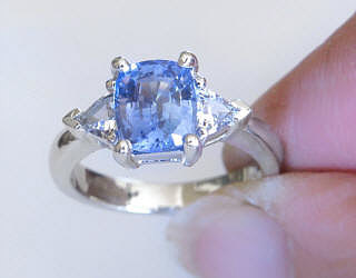 2 1/2 carat Natural Ceylon Sapphire and Trillion White Sapphire Three Stone Engagement Ring in real 14k white gold for sale