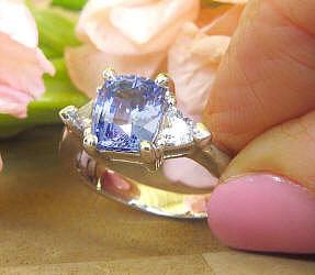 Large Natural Ceylon Blue Sapphire and Trillion White Sapphire Three Stone Engagement Ring in real 14k white gold for sale