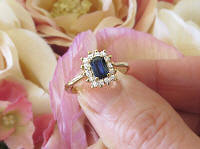 Kate Middleton Styled Natural Blue Sapphire Engagement Ring with Real Diamond Halo in solid 14k yellow gold for sale