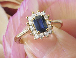 Princess Diana Styled Natural Sapphire Engagement Ring with Real Diamond Halo in solid 14k yellow gold