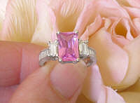 Radiant Cut Large Natural Pink Sapphire and Real Baguette Diamond Engagement Ring in solid 14k white gold