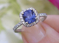 Cushion cut natural sapphire engagement ring with real diamond halo in solid 14k white gold setting for sale