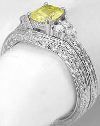 Engraved Wedding Rings with Yellow Sapphire in 14k white gold