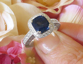 3 carat Cushion Madagascar Navy Royal Blue Sapphire and Real Diamond Halo Engagement Ring with Real Diamond Halo in Antique Design 18k white gold
