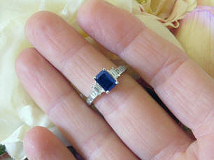 Natural Blue Sapphire and Baguette Diamond Ring in 14k white gold