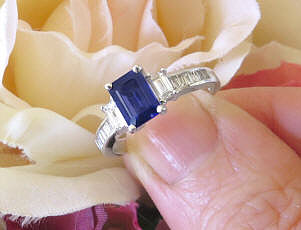 Emerald Cut Natural Blue Sapphire and Baguette Diamond Ring in 14k white gold for sale