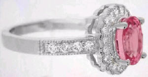 Peachy Pink Sapphire and Diamond Ring in 14k white gold