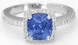 Ceylon Cushion Cut Blue Sapphire and Diamond Ring in 14k white gold