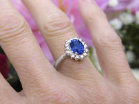 White Gold Princess Diana Natural Sapphire Ring with real Diamond Halo for sale