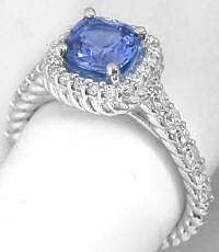 Twisted Rope Design Ceylon Cushion Blue Sapphire and Diamond Ring in 14k white gold